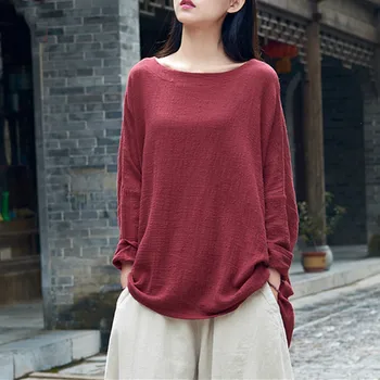 

[EWQ] 2020 Spring Summer New Round Collar Long Sleeve Solid Patchwork Pullovers Vintage T-shirt Women Fashion Tide AJ03912