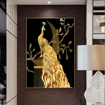 

Golden Peacock Butterfly Flower Feather Bird Canvas Painting Animal Wall Art Pictures for Living Room Home Decor (No Frame)