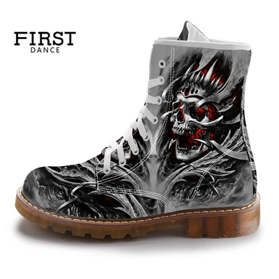 US $37.30 2019 New Style Men's Fashion Boots Skull Print Mid-calf Motorcycle Combat Boots for Man Outdoor Sne