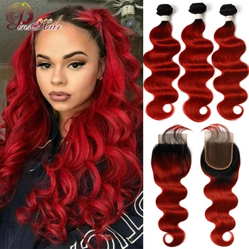 

Pinshair 1B Red Body Wave Bundles with Closure 99J Brazilian Human Hair 3 Bundles with Closure 4x4 Middles Part Remy Hair 10-26