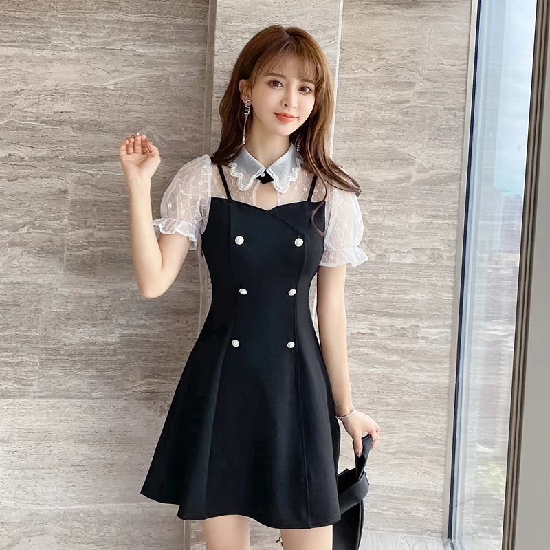 

Women One Piece Korea Dress Summer Cute Fashion Office Lady Short Sleeve Peter Pan Collar Puff Sleeve High Waist Black Dresses