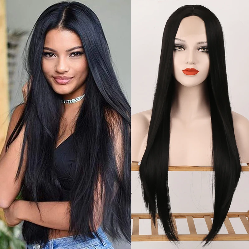 WEILAI Long Black Wavy Middle Part Hair Lace Front Fiber Future Wig Cosplay Natural Heat Resistant Synthetic Wig for Women