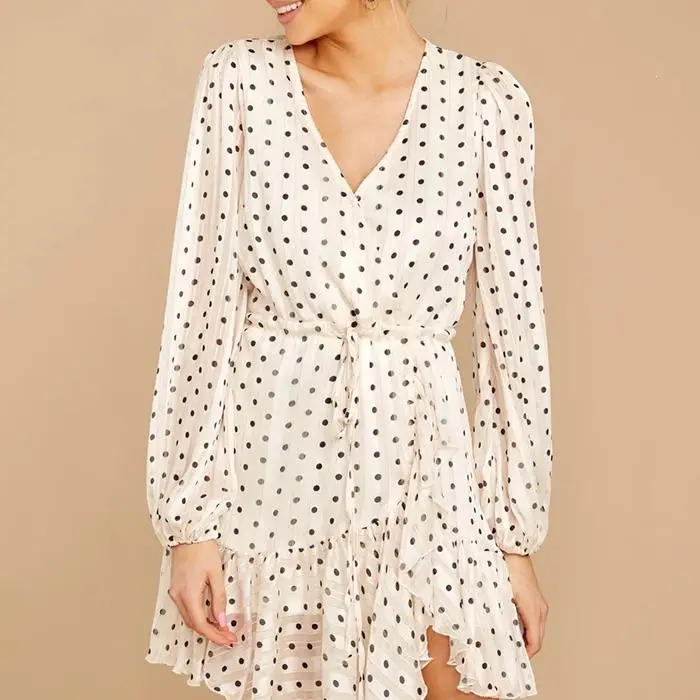 V Neck Long Sleeve Spring Autumn Dress Casual Ruffles Translucent Loose White Dot Embossing Elegant | Женская одежда