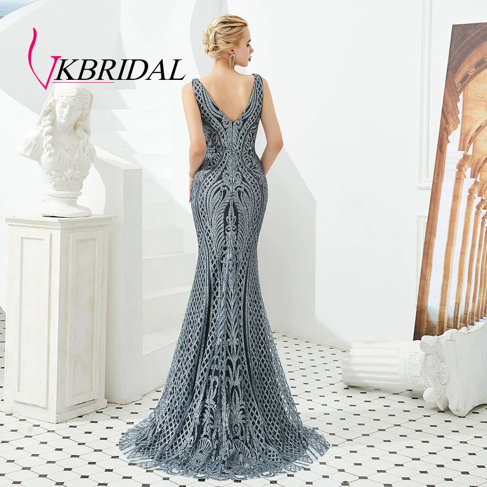 VKBRIDAL, блестящие вечерние платья русалка, длинные,, узор, расшитый бисером, кристалл, серый, официальное платье de soiree с v-образным вырезом на спине