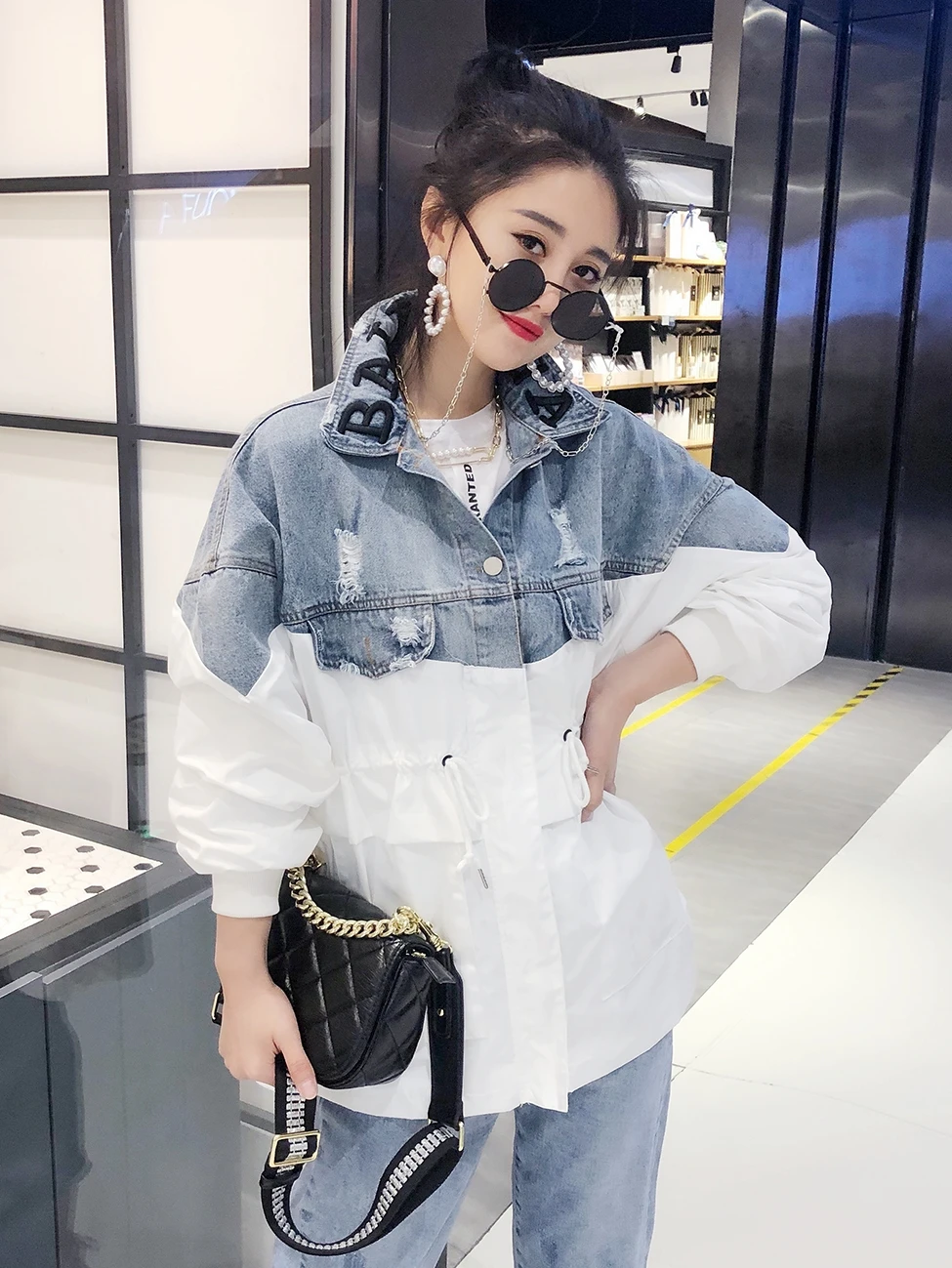 

Patchwork Ripped Jeans Coat Collar Letter Embroidered Loose Leisure Windswear Women's Outwear European Spring 2019