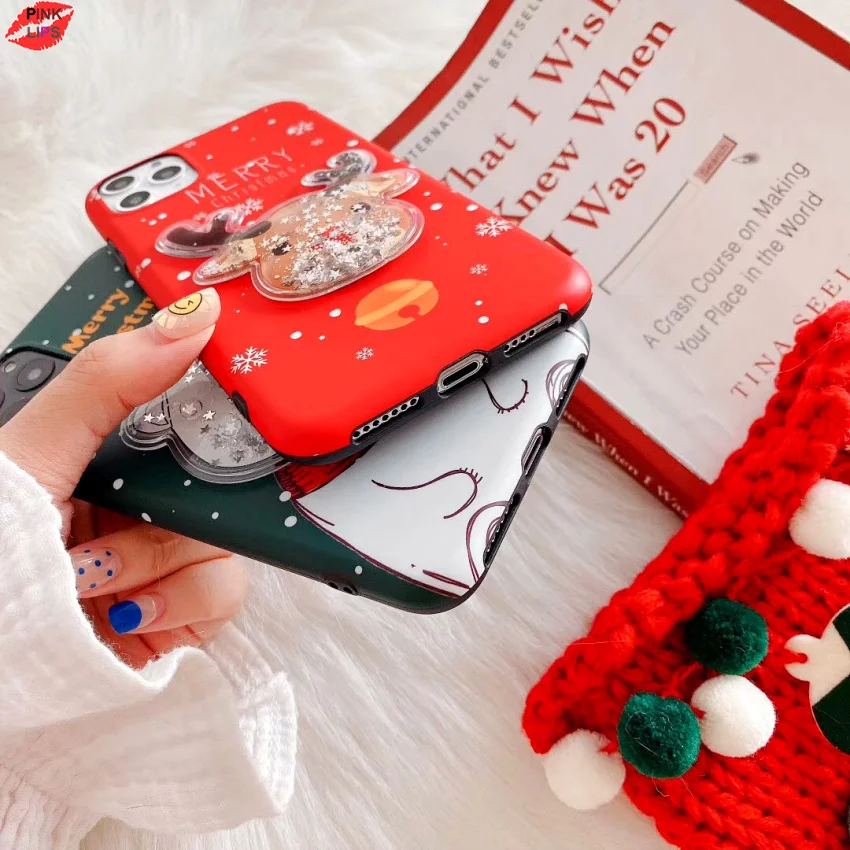 Glitter Christmas Deer Bear Phone Case For iPhone XR 11 Pro XS Max X 8 7 6 6s Plus Dynamic Liquid Quicksand Bling Sequins Cover (18)