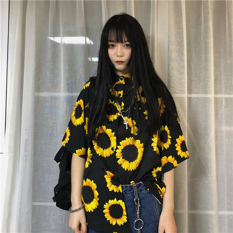 Солнце цветочный принт карман свободная футболка Топ Женская корейская мода уличная винтажная блузка Harajuku летняя с длинным рукавом Blusas Boho