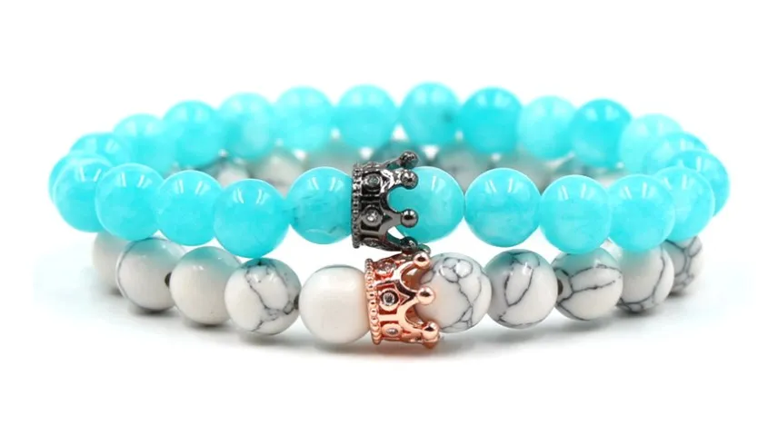 8mm 2PCS/Set tyg32 elastic adjusted nature white Howlite bead micro pave cz zircon cubic zirconia Crown Bracelet | Украшения и