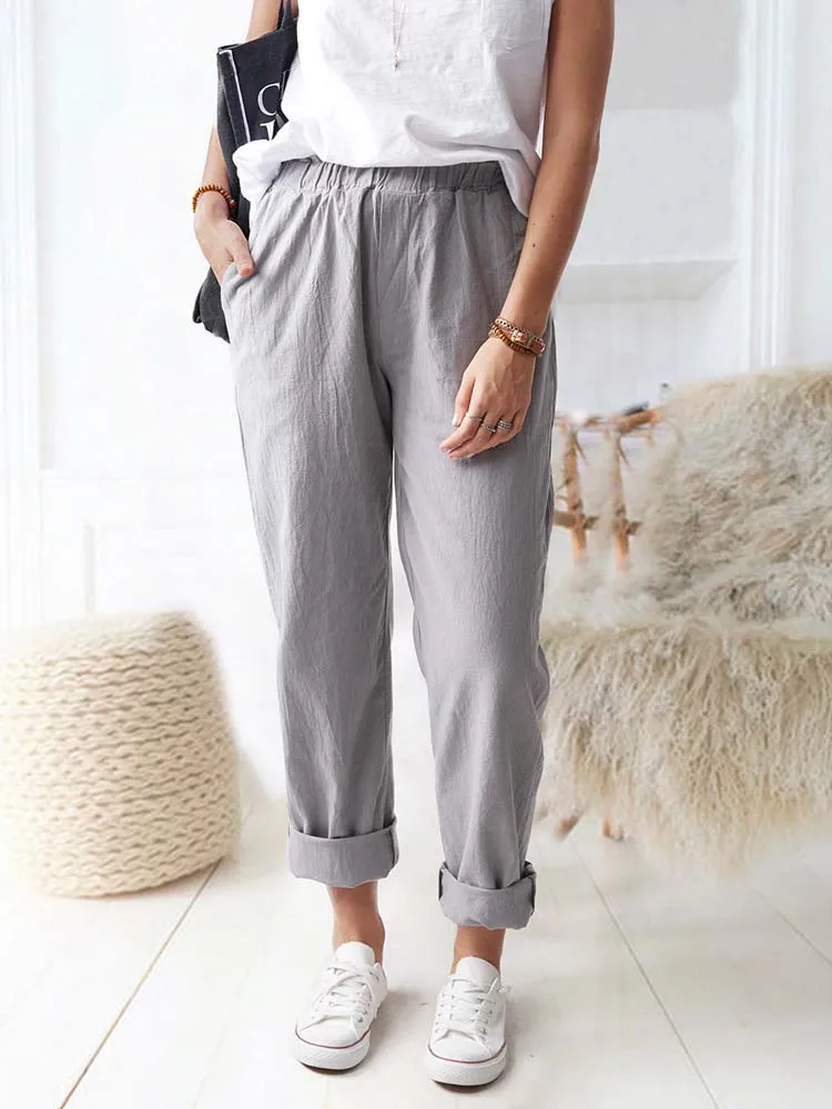 Cotton Linen Elastic Waist Solid Color Straight Pocket Long Pants Women Summer Plus Size Streetwear Beach Casual Loose Trousers plus size capris