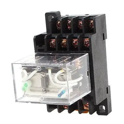 

DC 12V 10A Coil 4PDT 35mm DIN Rail Green Lamp Electromagnetic Power Relay + Base