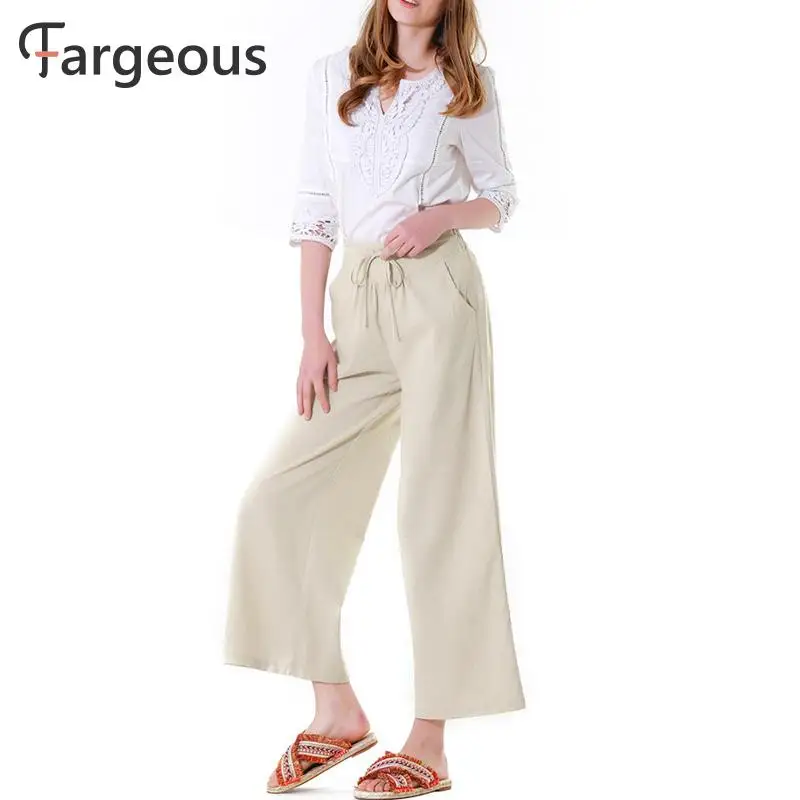 Fargeous High Waist Loose Women Trousers Spring Casual Elastic Waist Wide Leg Long Pants Lady Solid Color Lace up Pockets Pants