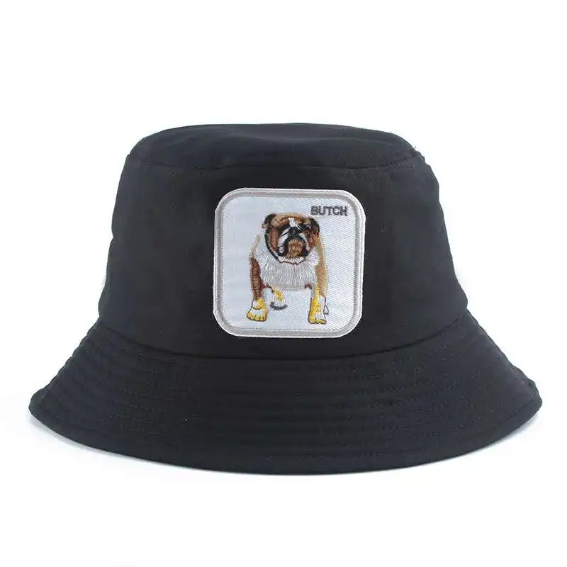 Animal Butch dog Embroidery Panama Black White Bucket Hat Bucket Hats Mens Outdoor Cotton Fishing Hat For Men Women Korean Hat