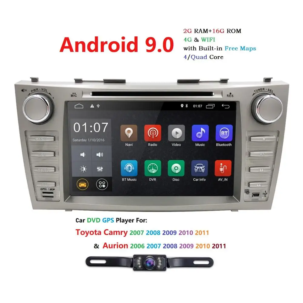 HIZPO Android 9.0 2DIN 8inch Car Stereo GPS For TOYOTA Camry 2007-2011 Aurion 2006-2011 Touch screen 1024*600+wifi+BT+RDS+Camera |