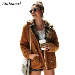 Осенне-зимняя флисовая куртка, пальто, Женское пальто с отложным воротником, клетчатое флисовое пальто с искусственным мехом, двубортное