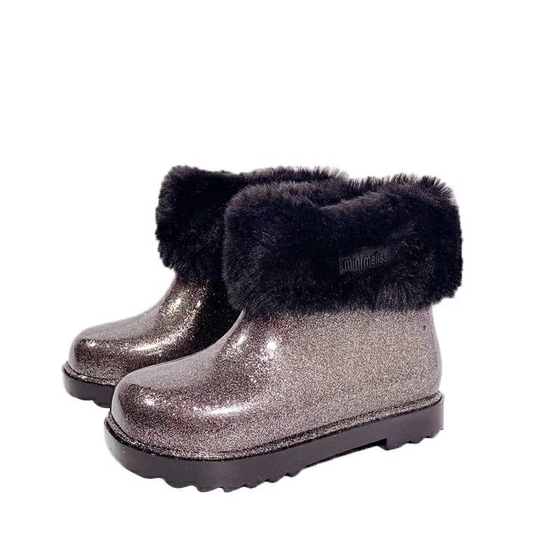 Мини Melissa/детские ботинки для девочек; детская теплая обувь из хлопка с блестками; зимние ботинки для девочек-студенток; хлопковые ботинки принцессы; детские кроссовки - Цвет: Черный