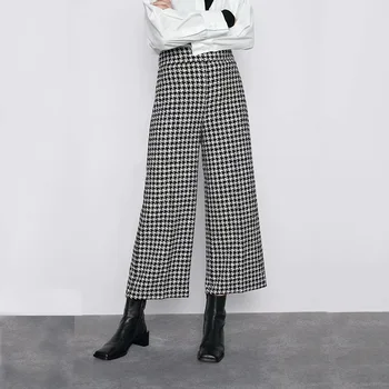 

Plaid Printed Tweed Pants Women Loose Wide Leg Trousers Elegant Ladies Houndstooth Office Bottoms Female Pockets Patns
