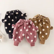 Детские вельветовые брюки осень-зима, принты животных из мультфильмов, в горошек, свободная повседневная плюшевая одежда для малышей, шаровары для малышей, брюки с эластичным поясом