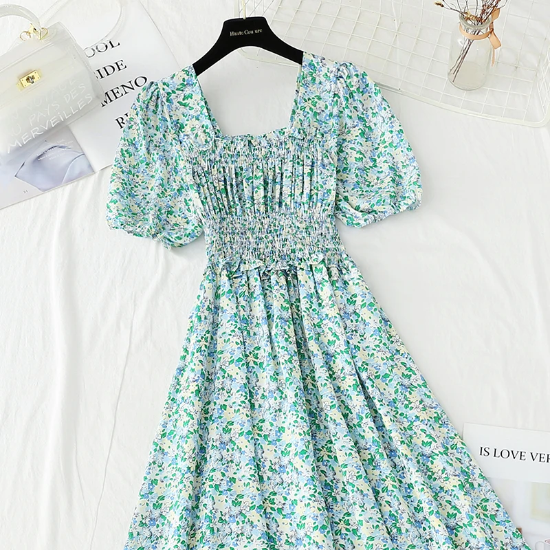 

Woman Dress 2021 Summer Square Neck Short sleeve Vintage Floral Print Dress Women Chiffon Sexy Elegant Midi Dress Robes