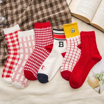 

New Year New Year Red Socks Houndstooth Socks Female Year Socks Female Tube Personality Socks Student women Socks red and white