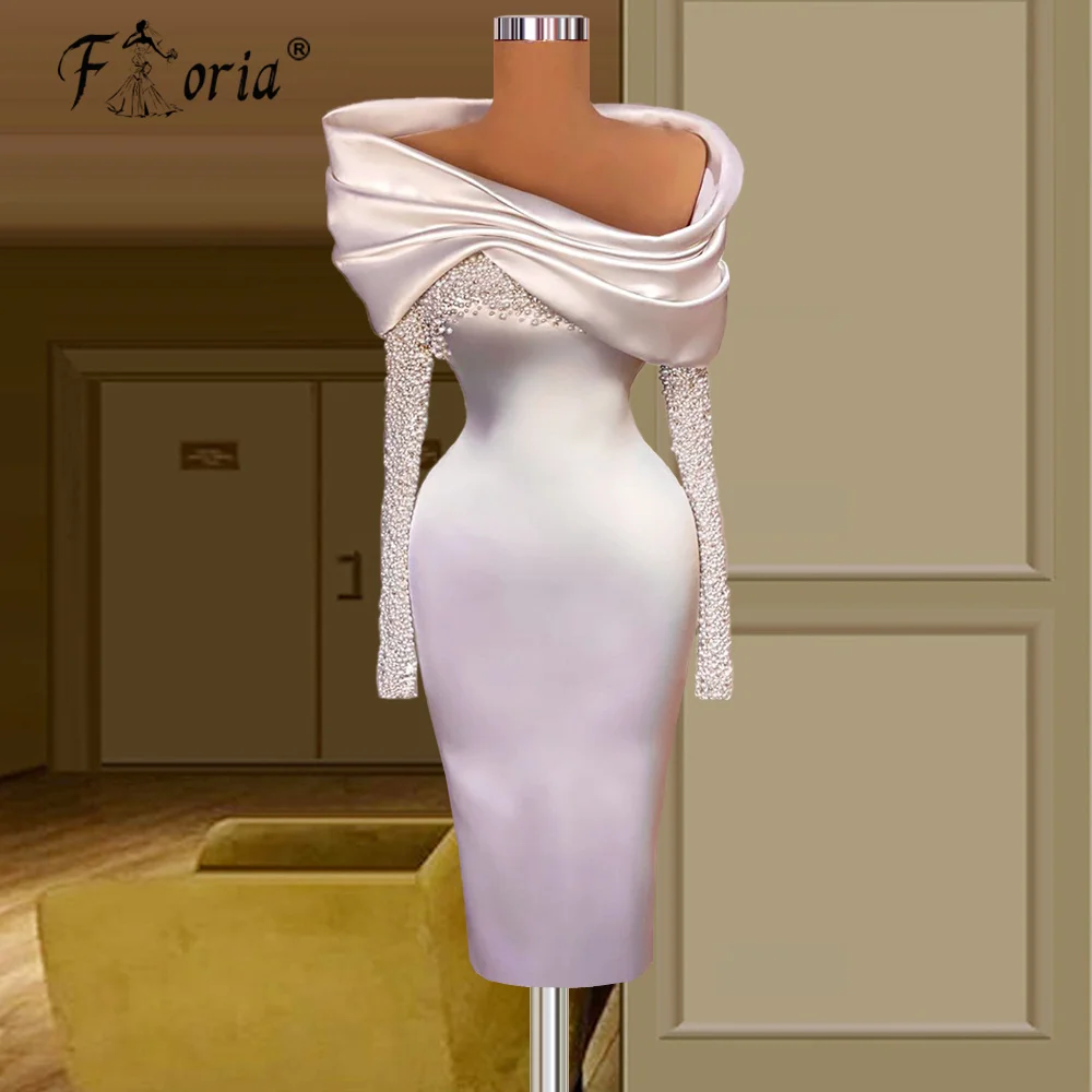 Chic Ivory Satin Dress Party Tea Length Mermaid Pearls Graceful Prom Party Dresses Vestido de Festa Robe Cocktail Dresses