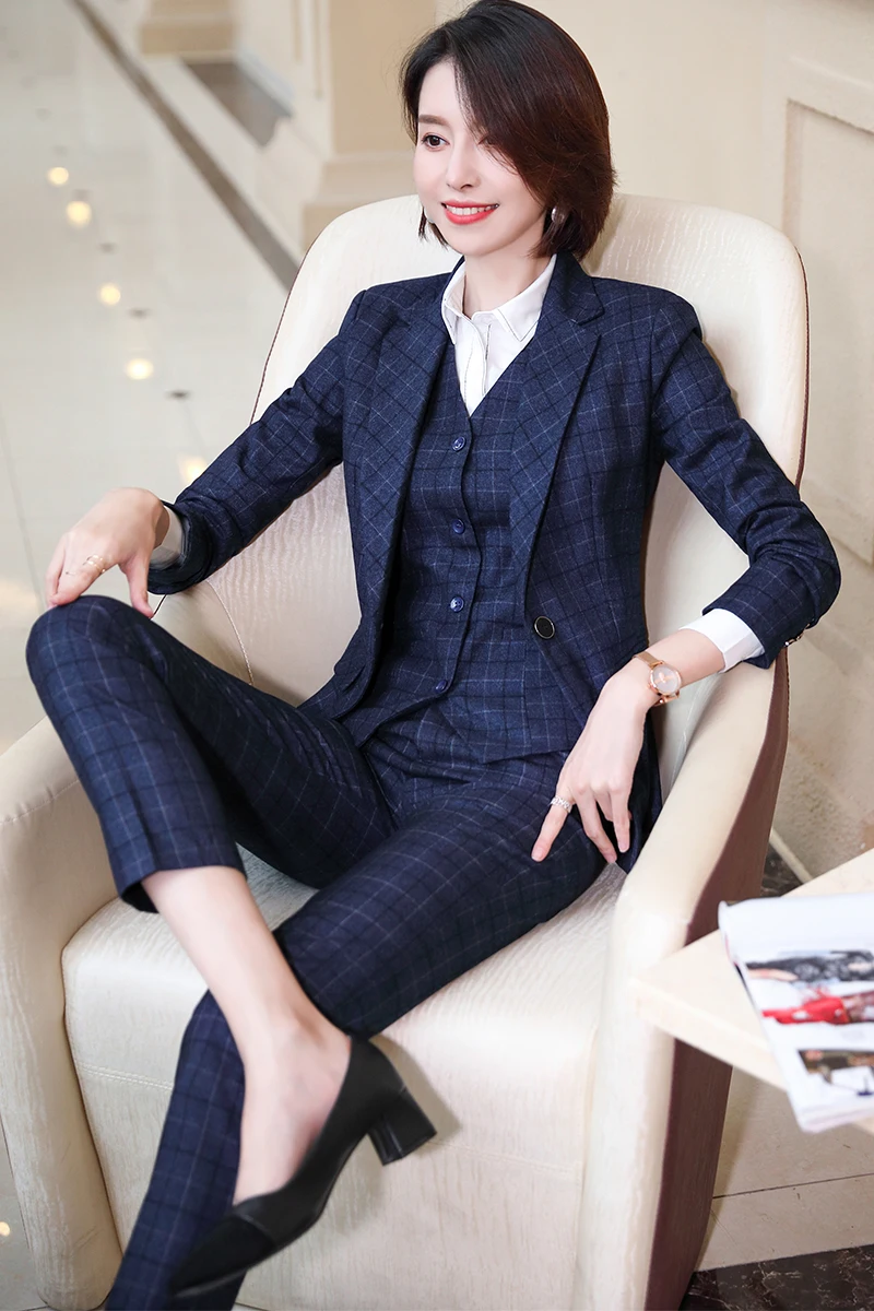 Gray Plaid Blazer Vest and Pant 3 Piece Women Pant Suit Uniform Designs S-5XL For Office Lady Business Career Work Wear