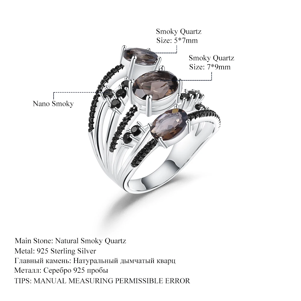 GEM'S балетное 925 пробы Серебряное кольцо с тремя камнями 3.30Ct Натуральный дымчатый кварц драгоценный камень кольца для женщин хорошее ювелирное изделие