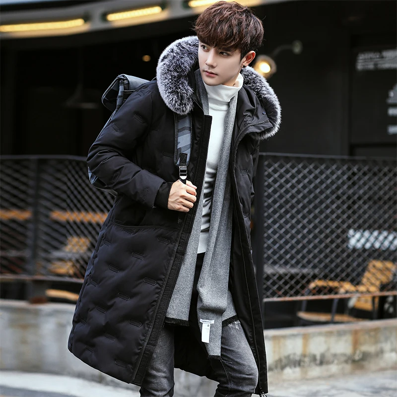 Большие размеры, мужская зимняя куртка, мужские парки, Новое мужское хлопковое пальто, мужское тонкое толстое длинное пальто с лисьим мехом - Цвет: black