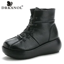 DRKANOL/женские зимние ботинки; зимние Плюшевые Теплые ботильоны для женщин; винтажные женские ботинки из натуральной кожи на танкетке с круглым носком