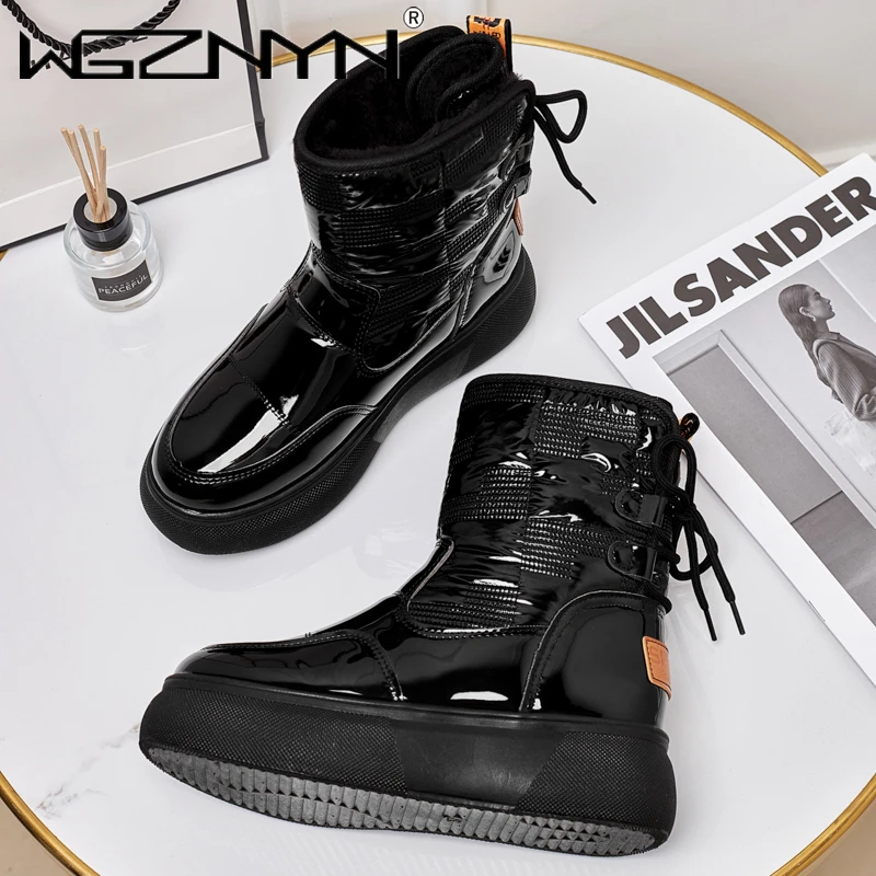 Winter Woman Boots Female Keep Warm Women's Patent Leather Boots Waterproof Female Shoes Plus Size Botas Mujer