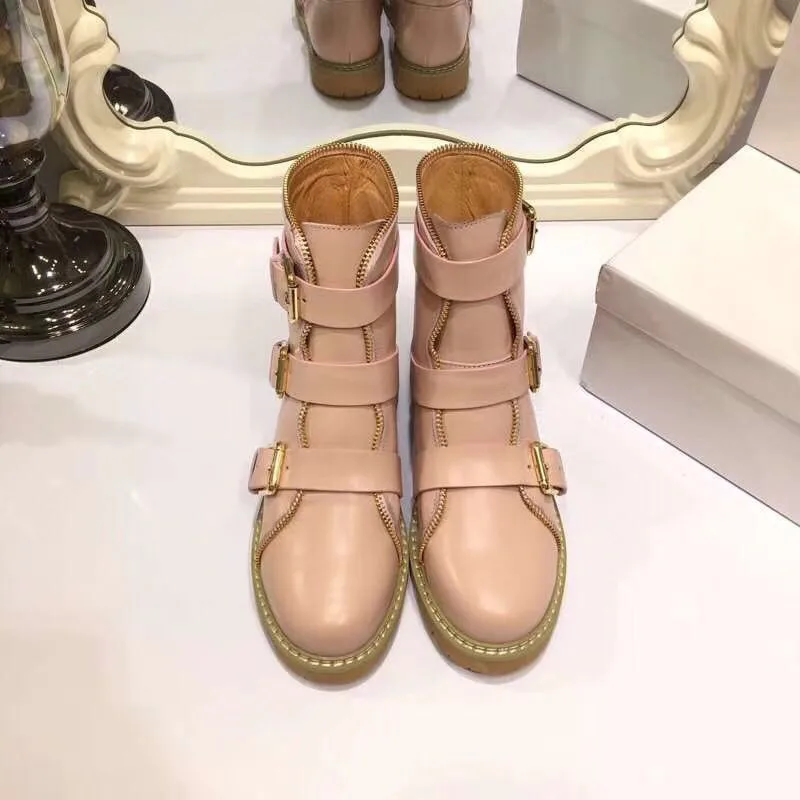 

Botas Mujer Shoes Woman Round Toe Ladies Boots Metal Buckle Strap zipper Ankle Boots Slip On Leather Boots Med Heel Shoes