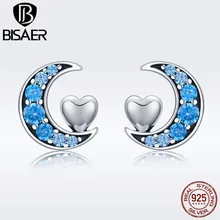 BISAER, Настоящее серебро 925 пробы, бижутерия, голубая луна и сердце, маленькие серьги-гвоздики для женщин, серебряные ювелирные изделия S925 GXE330