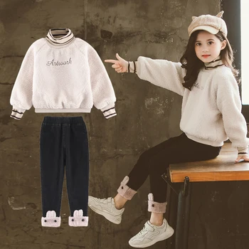 

Girls Winter Clothes Girls Outfits Warm Thick Turtleneck Sweatshirt+ Velvet Bunny pants Set Children Clothes 6-12Yrs 2pcs Sets