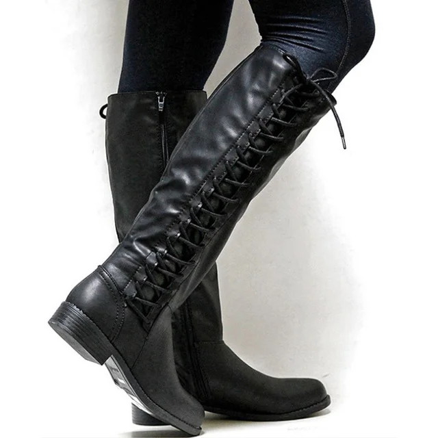 Ботинки до середины икры в римском стиле женская зимняя обувь готические военные ботинки из искусственной кожи г. Женские зимние ботинки с высоким голенищем Модные женские ботинки - Цвет: Черный