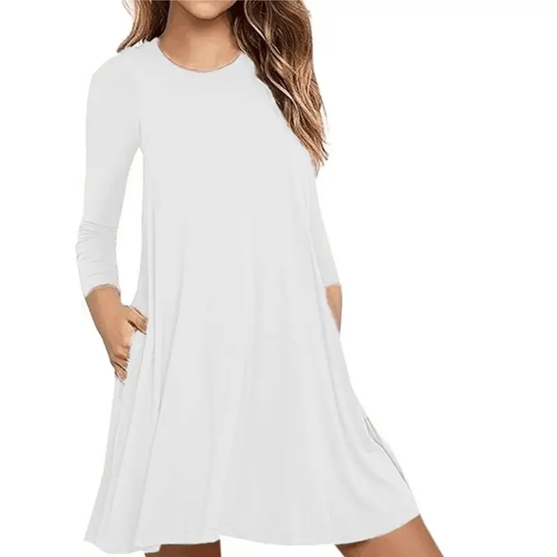 Женское осеннее платье-футболка с длинным рукавом и круглым вырезом, однотонное Плиссированное свободное Повседневное платье-пуловер с карманами - Цвет: Белый