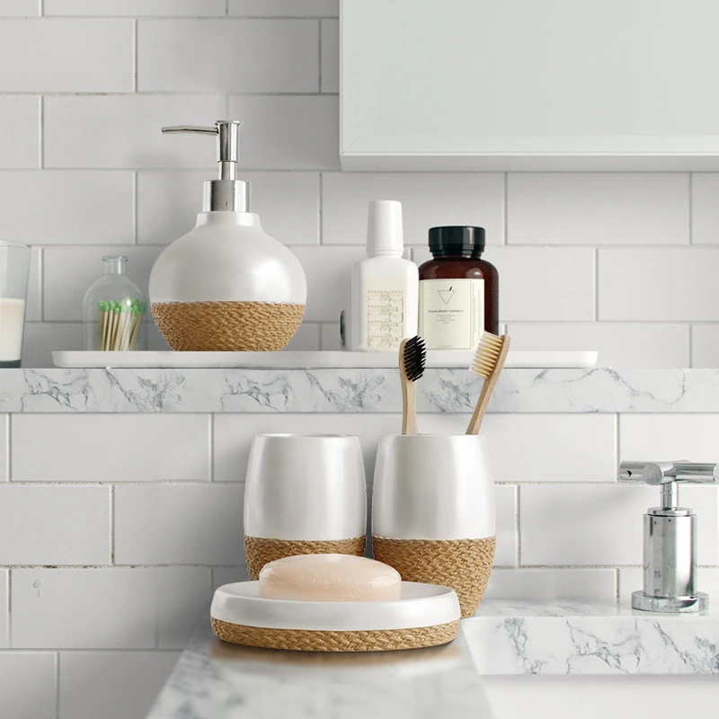 

Набор аксессуаров для ванной комнаты 5 шт., набор из смолы для мытья в ванную комнату, диспенсер для мыла, стакан, держатель для зубных щеток, держатель для туалетных щеток, подарочный набор