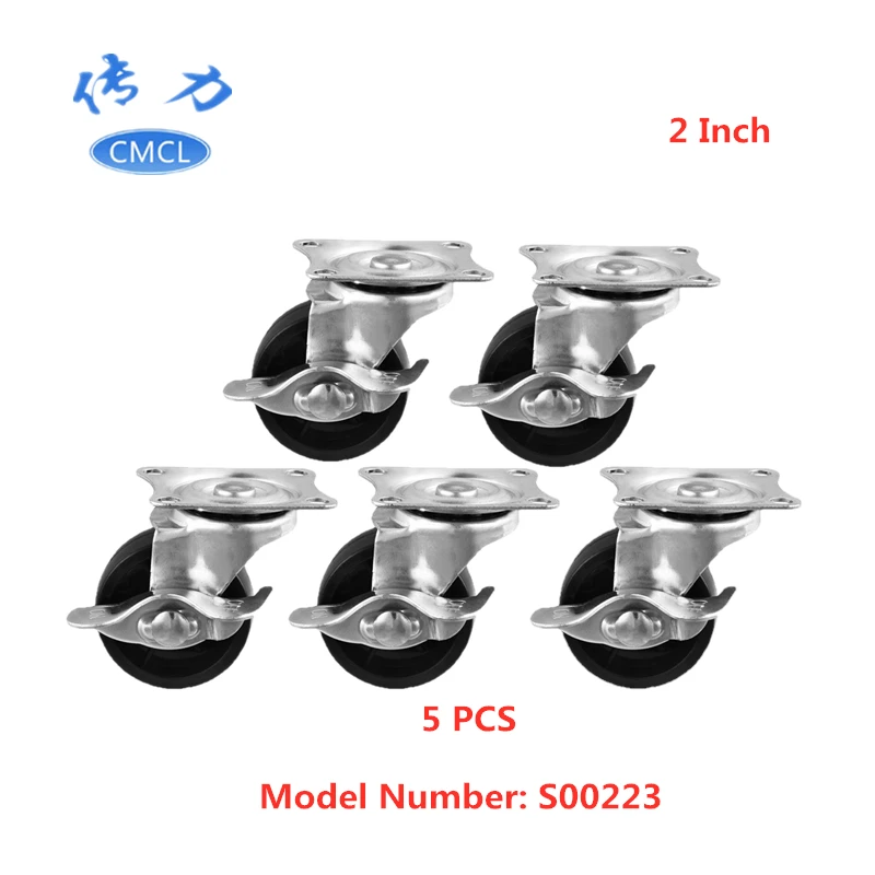 

5 Pcs/Lot Casters 2 Inch Black Pp Universal Belt Brake Furniture Caster Diameter 50mm Flat Side Nylon Roller