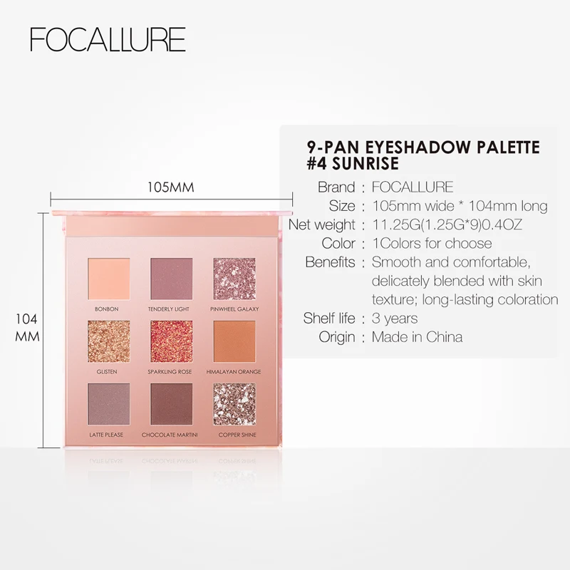 FOCALLURE Sunrise тени для век палитра 9 цветов блеск матовый Пигмент Тени для век макияж Рассыпчатая Пудра Тени для век Палитра