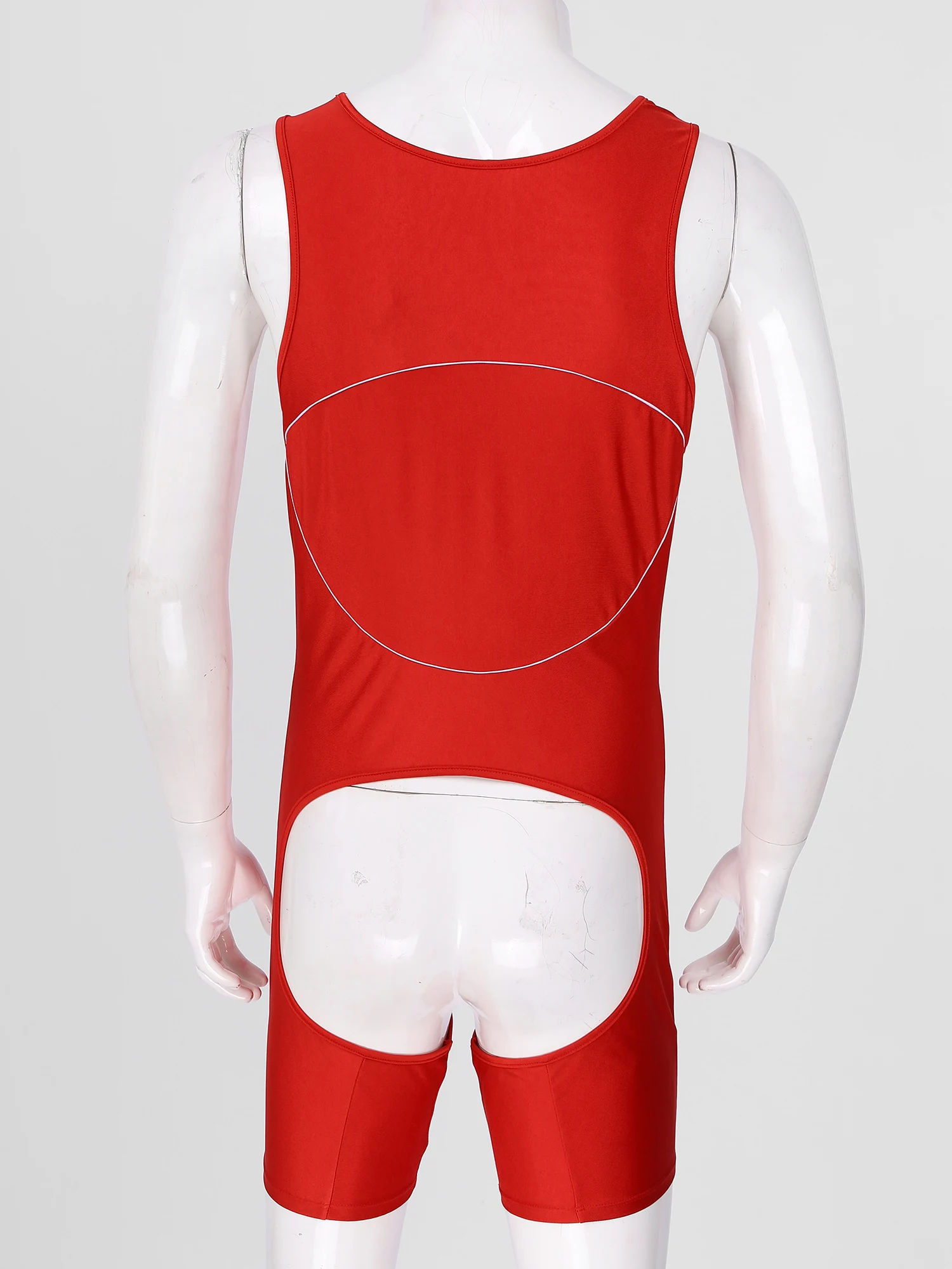 Men Crotchless Open Butt Bodysuit Jumpsuit Sleepwear Color Block Sleeveless U Neck Hollow Out Teddies Nightwear