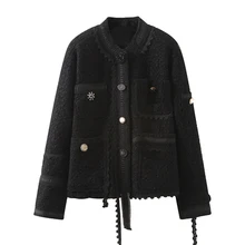 Высокое качество Осенняя зимняя версия черная твидовая куртка пальто женское с длинным рукавом черная ветровка короткое пальто элегантное пальто