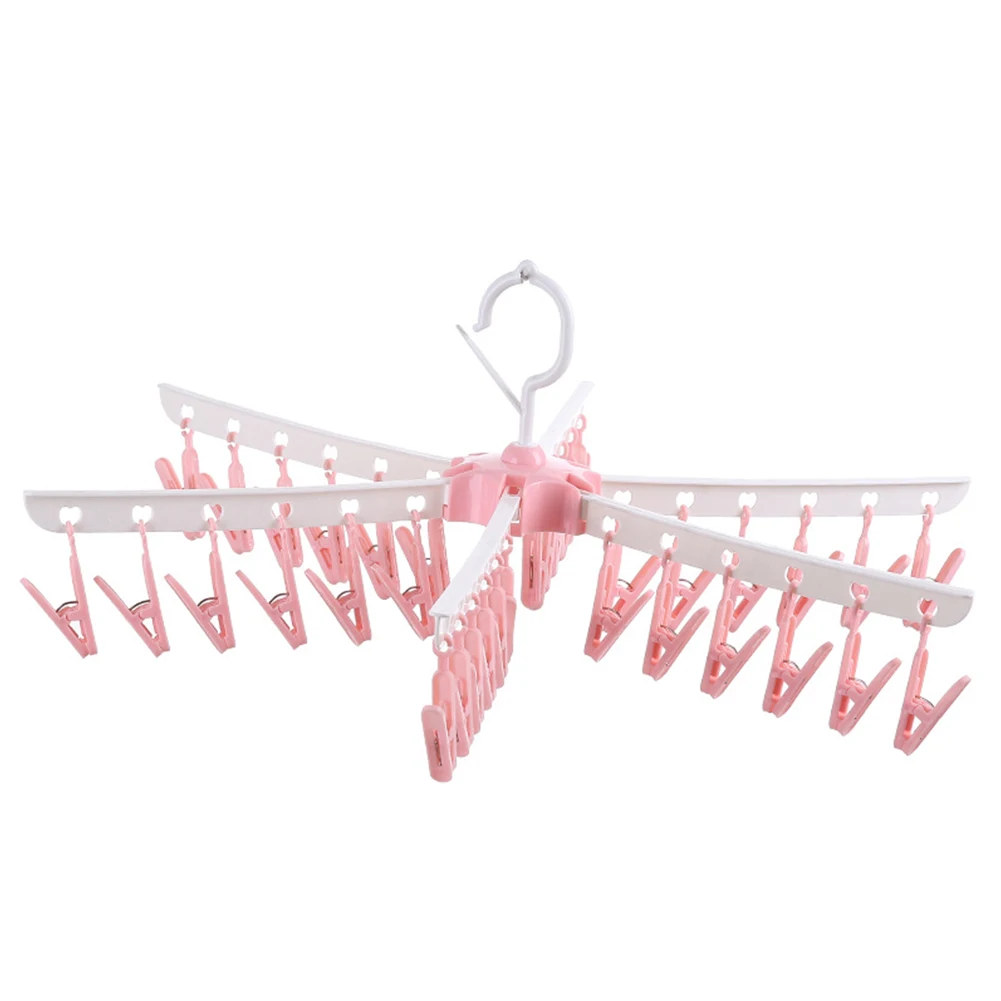 Pink 36 Clips Socks Underwear Drying Rack Rotatable Towels Racks Non Slip Clothes Hanger Windproof Thick Home Foldable Drying Rack - Color: Pink