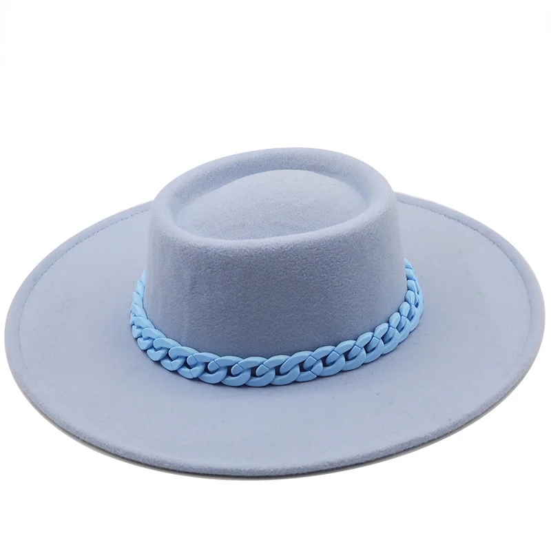 

New Fashion Wool Pork Pie Boater Flat Top Hat For Women's Men's Felt Wide Brim 9.5CM Fedora Gambler Hat