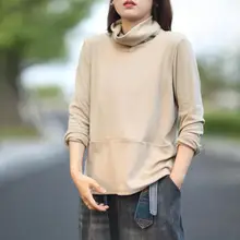 Новинка года; женская футболка для отдыха; Осенняя водолазка; повседневные пуловеры с длинным рукавом; однотонная свободная футболка в Корейском стиле