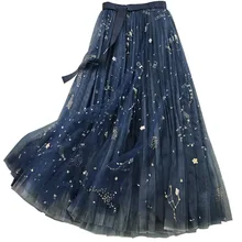 Весна-Осень, тяжелая Рабочая сетчатая юбка, Женская плиссированная юбка средней длины с высокой талией и вышивкой