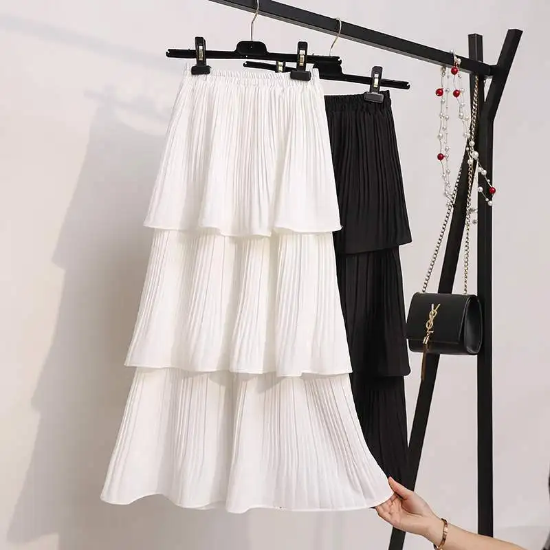 3 Слои ed Для женщин юбка черный, белый цвет корейский стиль длинная юбка, летняя шифоновая плиссированная юбка Слои торт Защита от солнца; юбка для девочек