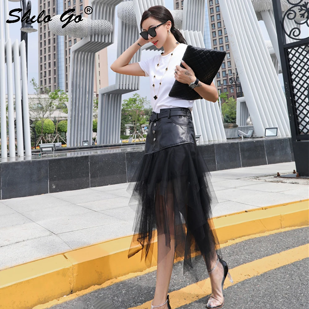 Genuine Leather Skirts Casual Buckle Belted Mesh Overlay Frill Detail Midi Skirt Autumn Women Streetwear Out Going High Waist