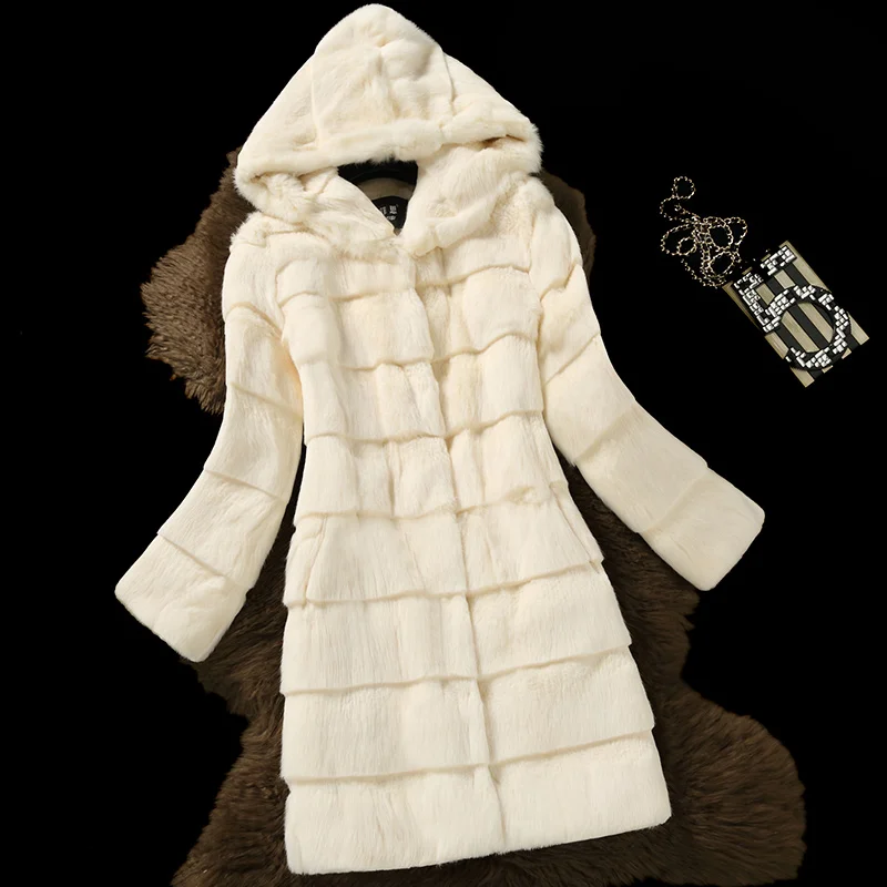 Fashion real fur coat women full sleeve wave cut genuine rabbit fur warm winter coats and jackets with a hood - Цвет: ivory