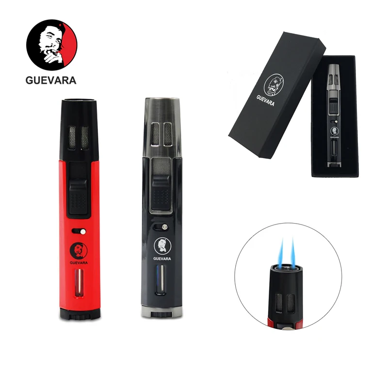 Guevara Torch Lighter 2 Jet Butane Refillable Fluid Protable Windproof Cigar Lighter for BBQ Fireworks for Cooking