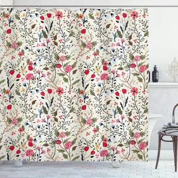 

Floral Shower Curtain Vibrant Colored Complex Image Birds with Roses Leaves and Polka Dots Nature Scenery Cloth Bathroom Decor