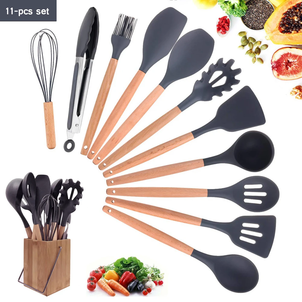 

11/12Pcs Cooking Kitchen Utensil Set with Bamboo Holder Container Tongs Spatula Set Silicone Cooking Utensils Best Kitchen Tools