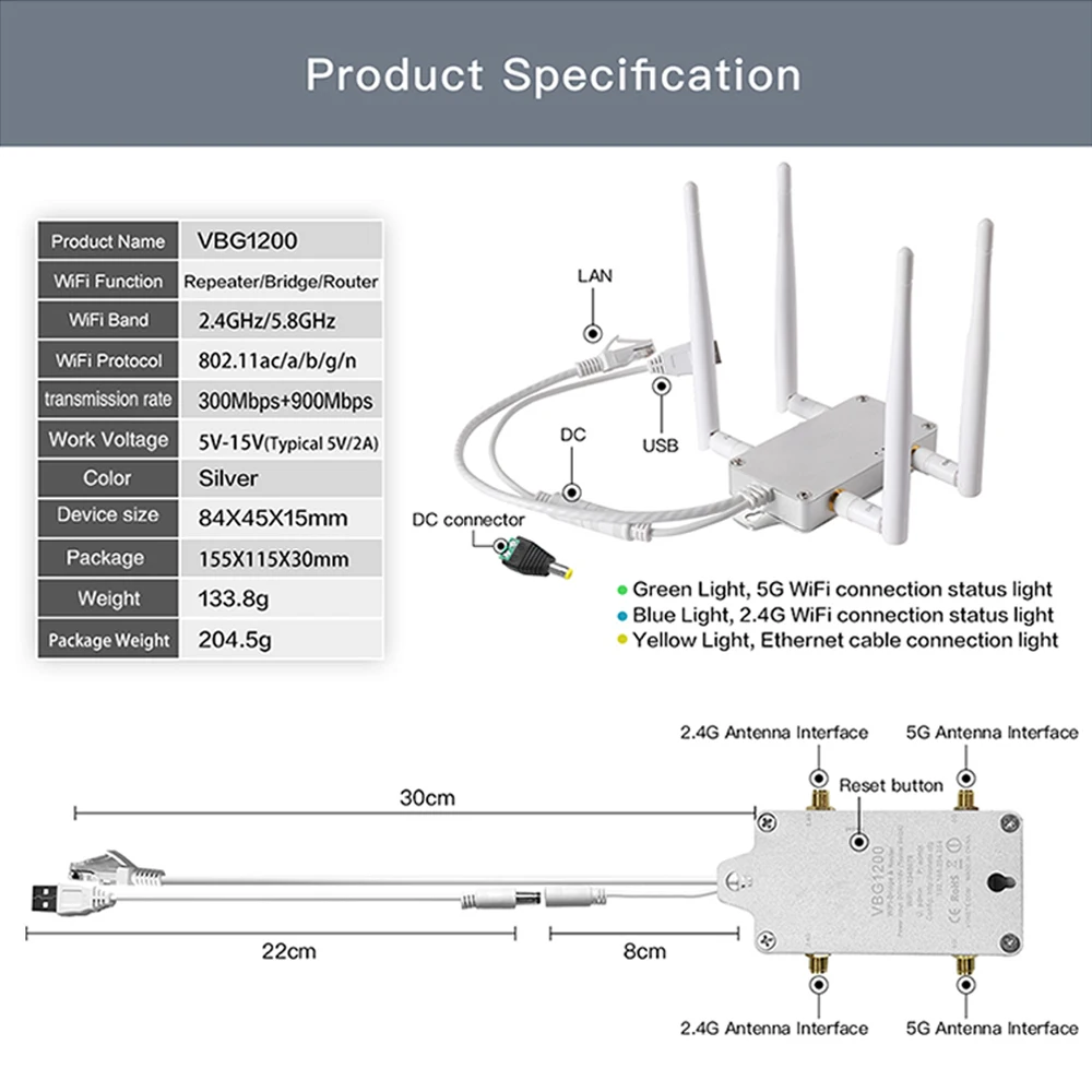 Repetidor sem Fio Vbg1200 de Banda Dupla Wi-fi Repetidor para Roteador Wifi para Transmissão de Vídeo Dvr Ps3 2.4g 5g Cabos de computador e conectores - Imagem 6